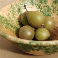antik keramikskål creme grønne nister gammel lerskål